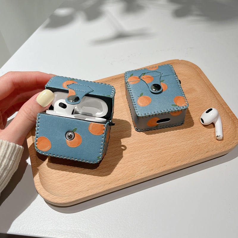 Leather Fruit Pattern Tangerene Protective Airpods Case Cover compatible for gen 1/2/3 & Pro